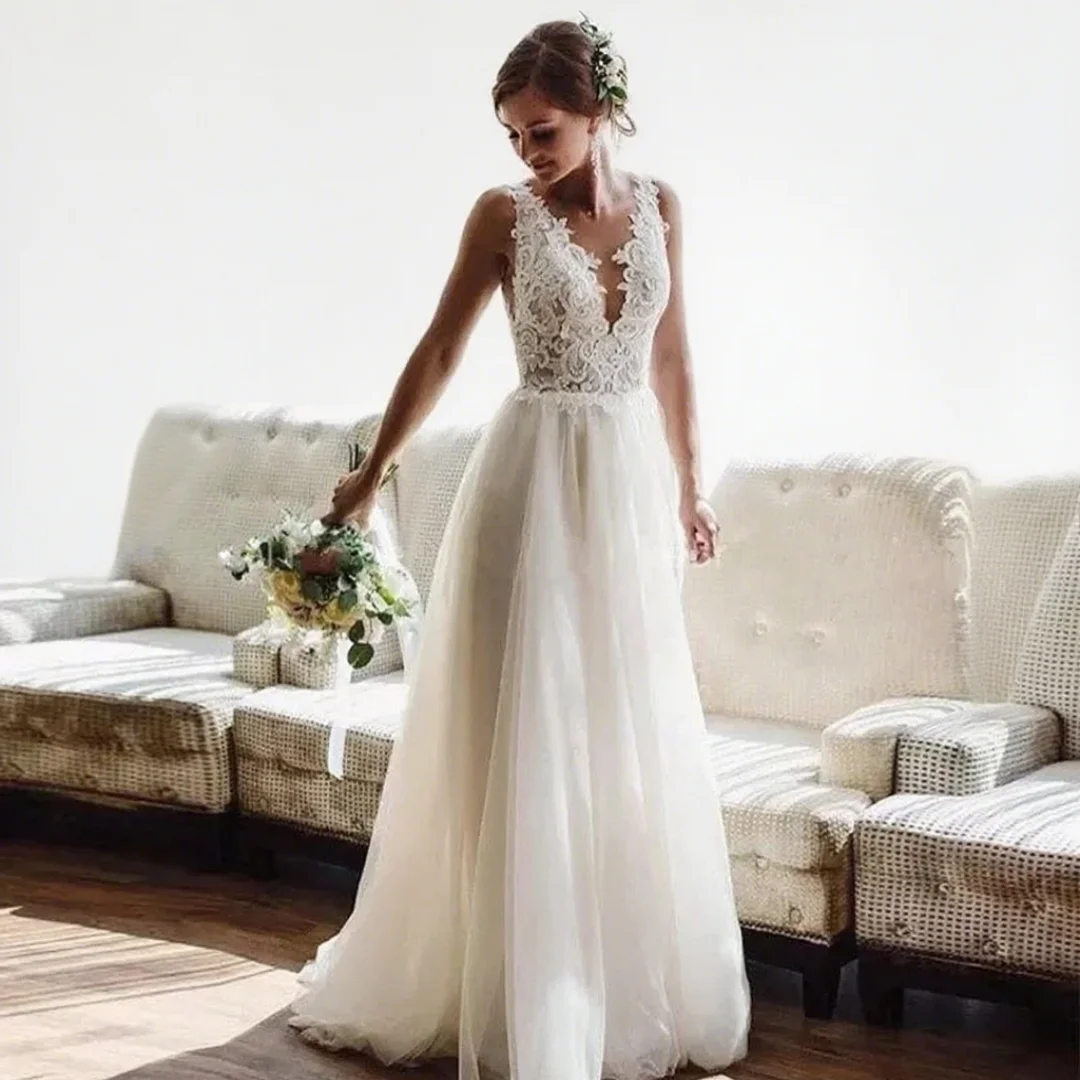 

Customized Wedding Dress delicate Lace Elegant A Line V Neck Lace Low Back Tulle formal wedding dress Gowns