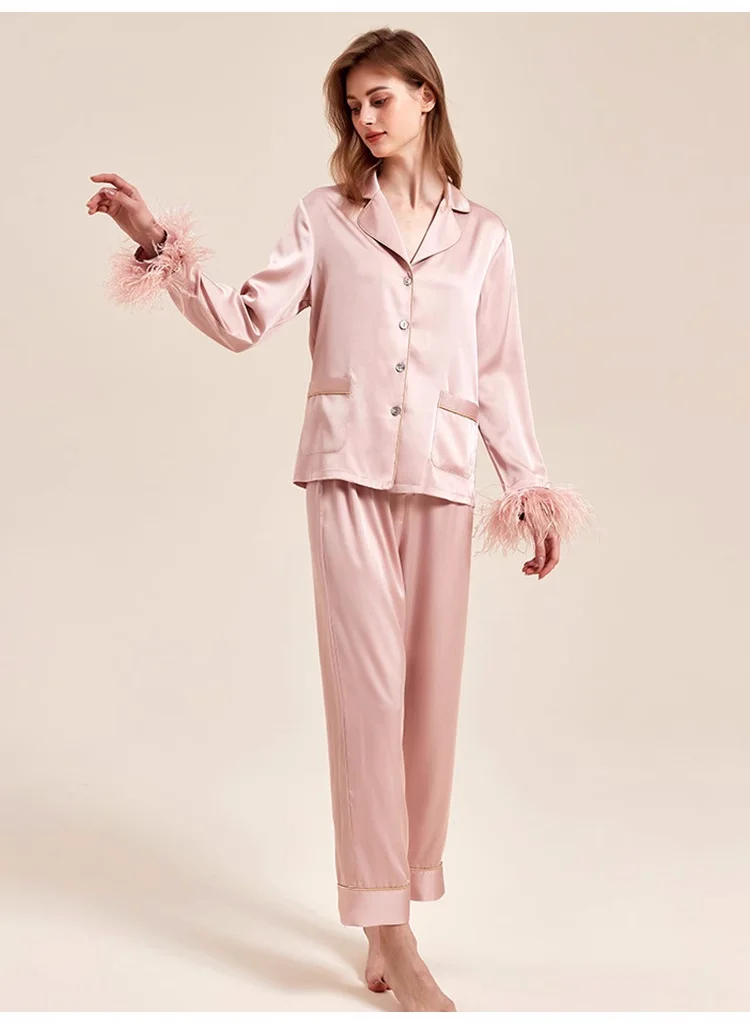 Feather Silk Two-piece Pajama Set Long Sleeve Women\'s Spring Autumn Homewear Satin Nightwear 100% Mulberry Silk Home Clothes