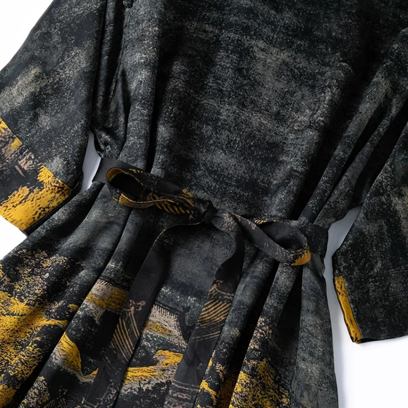 BirdTree 45MM 100% soie de mûrier noir robe dorée, femme lourd Satin col rond manches longues ceinture robes, 2025 été nouveau D57312JF