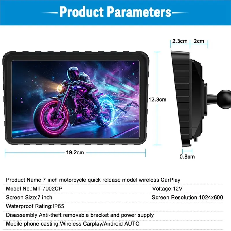 A82M-For Motorcycle 7 Inch Wireless Carplay Android Auto Screen, Bluetooth Enabled Waterproof Navigation Display For Tours