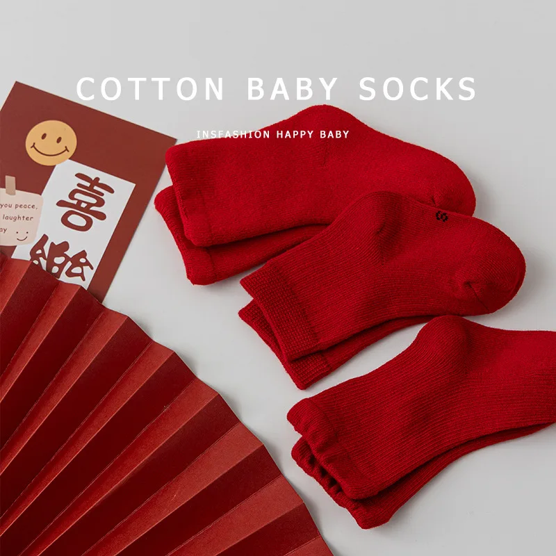 Baby Boys Christmas Socks Stuff Middle Cotton Solid Color Socks Spring Autumn Winter Kids New Year Red Socks Children Clothes