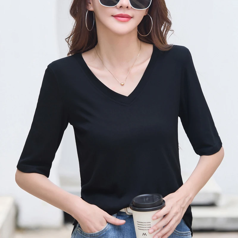 

Summer Clothes For Women Casual V Neck T Shirt Korean Solid Basic Tee Shirt Femme Short Sleeve Tshirts Mujer Loose Tops Female