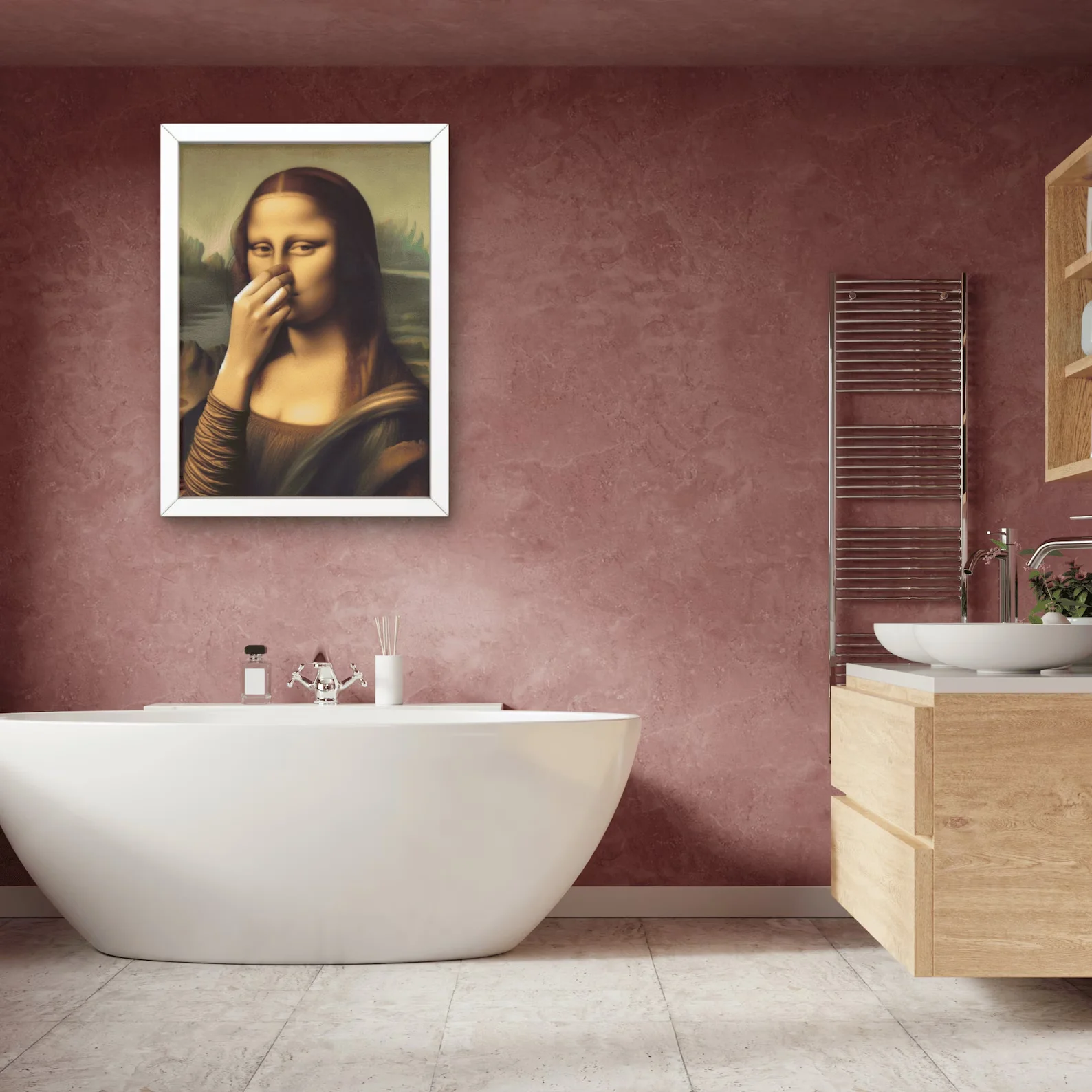 محاكاة ساخرة الموناليزا الحمام جدار ديكور فني يغطي أنفها خمر رائحة سيئة المشارك طباعة المرحاض الفكاهة مضحك ليوناردو دافنشي في