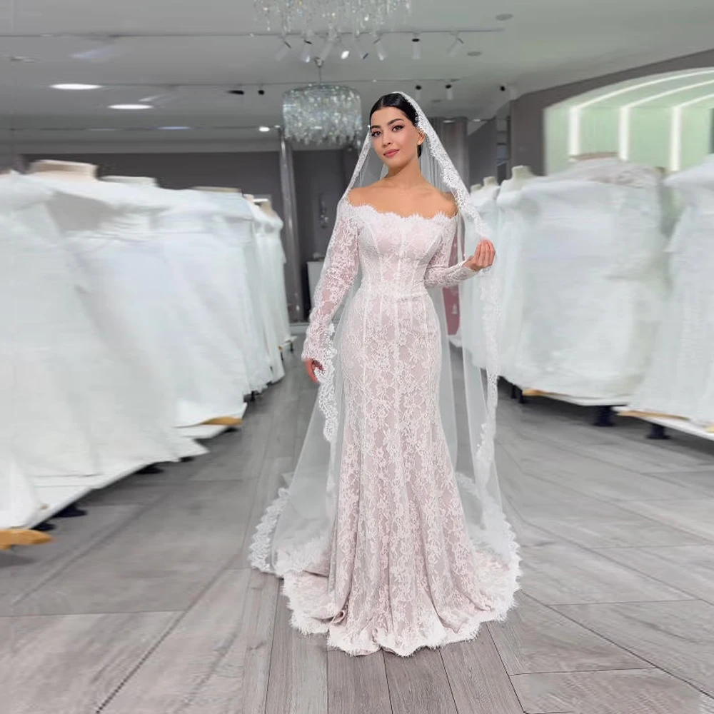 Off Schulter Frauen Brautkleider Elegante Lange Ärmeln Meerjungfrau Spitze Braut Kleid Engagement Bankett Vestidos De Novia Angepasst