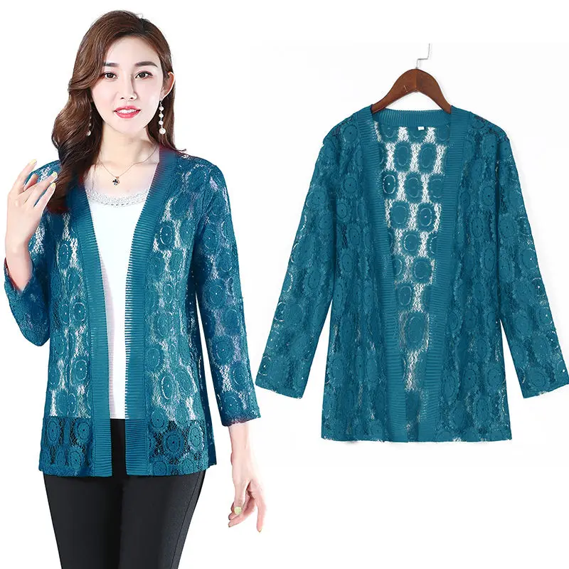 5XL Spring Summer Women Cardigan Long Sleeve Female Cardigans  Lace Jacket Ladies Shawl Outerwear Clothing E128