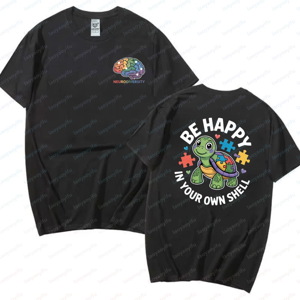 Vibrant Autism Awareness Cotton T-Shirt Colorful Puzzle Turtle Neurodiversity Casual Tops Autism Awareness Gift for Men Women
