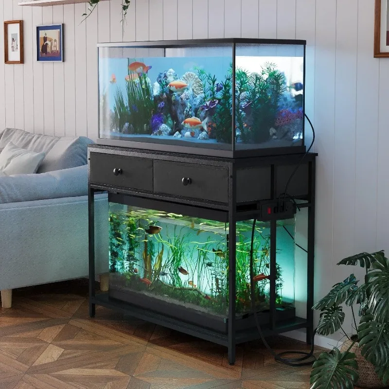 Aquarium Stand with Power Outlet, Metal Frame Fish Tank Stand with Cabinet Storage, Double Turtle Reptile Terrariums