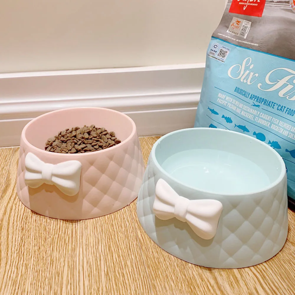 Pet Dog Food Bowls Lovely Bowknot Puppy Feeder Dish Bowl Diamond Pattern Bow Cat Bowl for Water Sweet Princess Pet Feeding Bowls