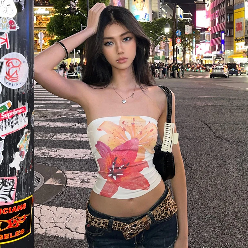 CUTENOVA Summer Women Floral Print Tube Top Hottie Sexy Backless Crop Top Strapless Sleeveless Skinny Tank Tops Club Streetwear