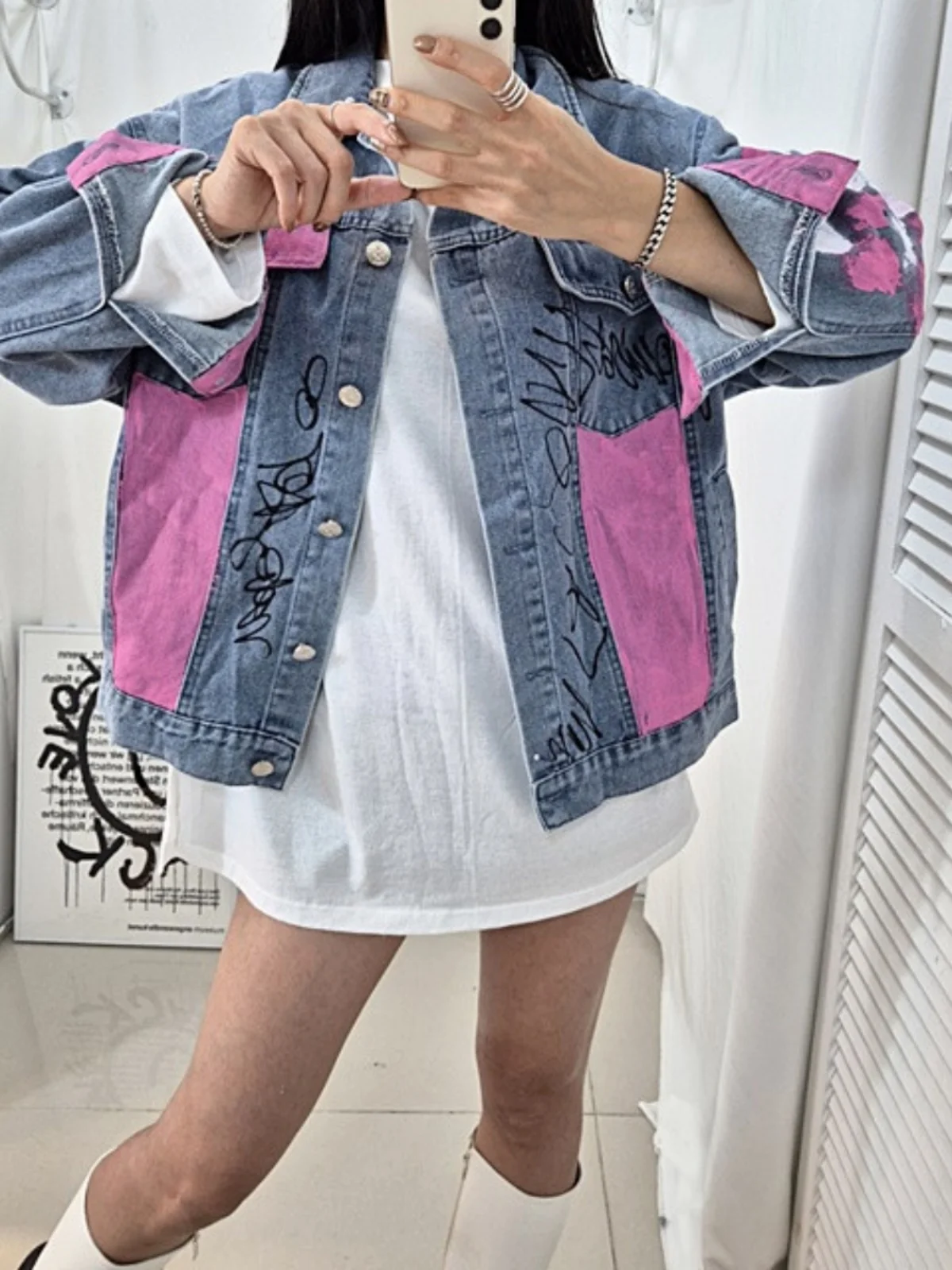 

Color Blo Denim Jaet Women's Loose Fit Collar fiti Street Sle Versatile Jaet Trendy Cotton Jeans Outerwear