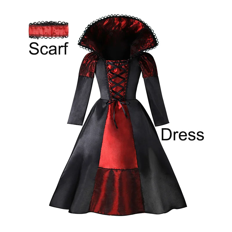 Halloween-Mädchen-Vampir-Königin-Rollenspiel-Outfit Schwarzes Rotes Langes Kleid Mit Kragen Für Bühnenauftritte – Detail 2