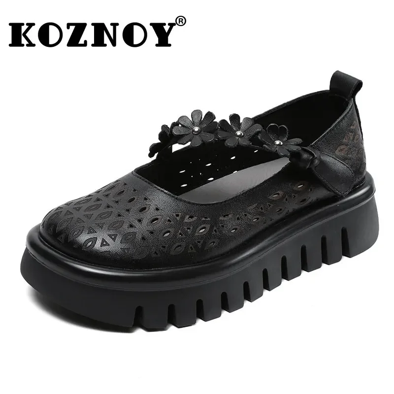 Koznoy 5cm Genuine Cow Leather Ethnic Manual Hook Flower Summer Fashion Pumps Women Luxury Wedge Heel Platform Mary Jane Shoes