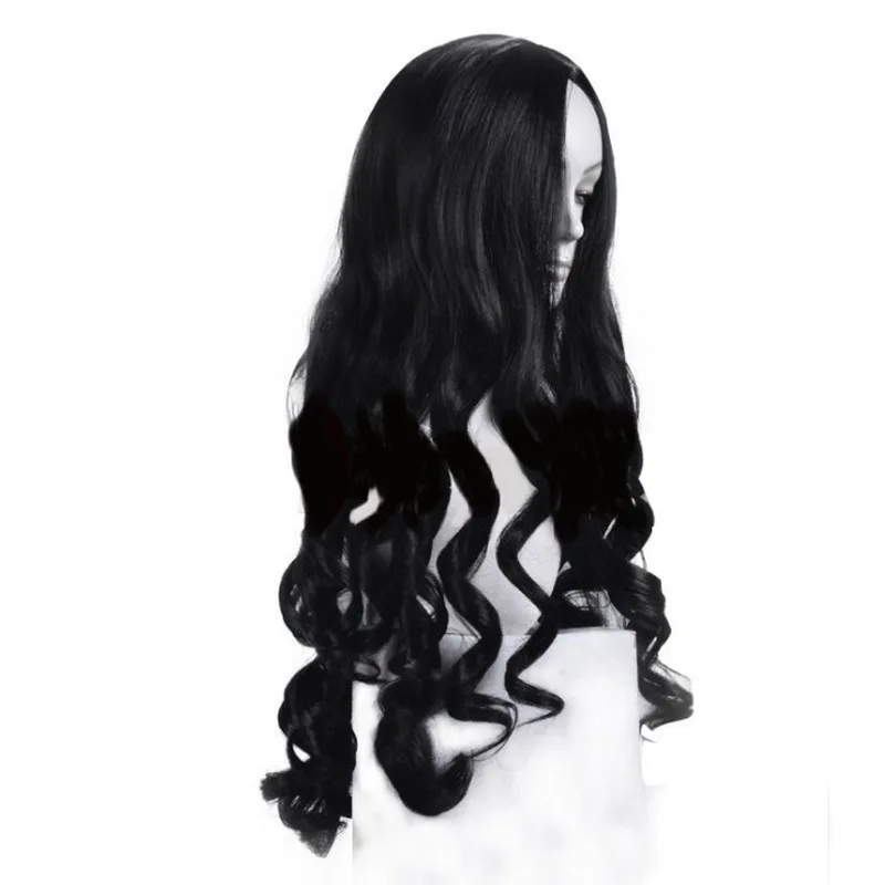 المرأة منتصف جزء ارتفاع درجة الحرارة الحرير موجة كبيرة أسود طويل مجعد الشعر المدرفلة باليد النمط الطبيعي ارتفاع درجة الحرارة شعر مستعار الحرير