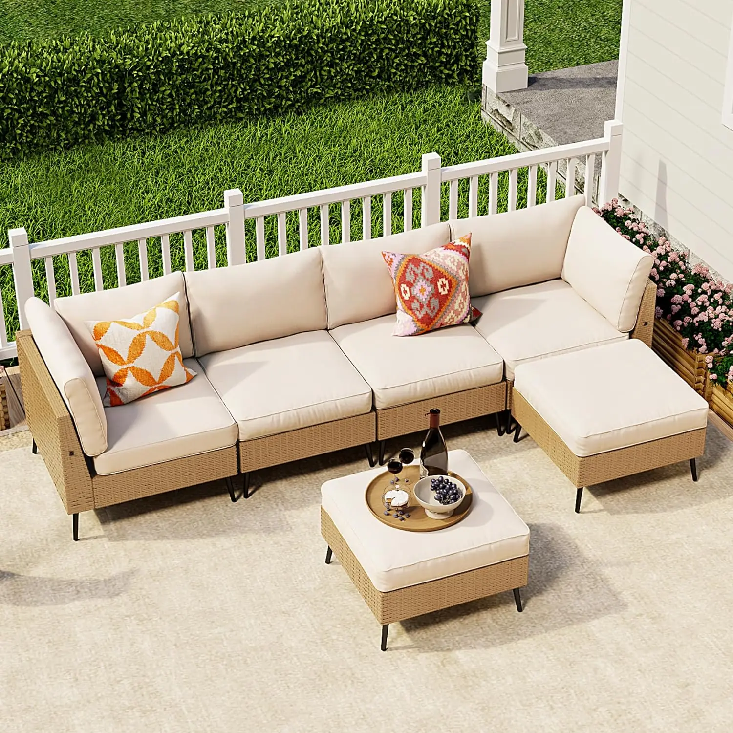 Outdoor modular furniture, 6 piece outdoor patio furniture set PE rattan wicker sofa set with cushions and ottoman,Beige