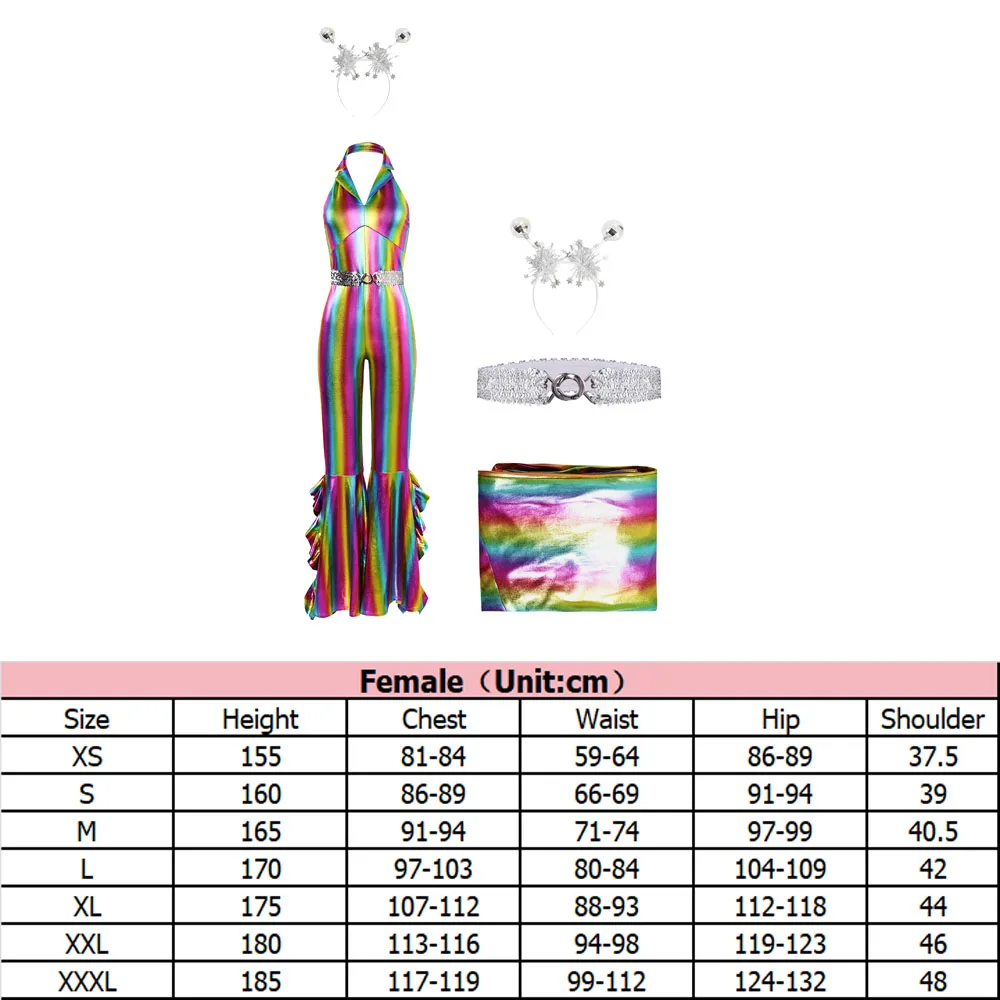 ชุดจั๊มสูทดิสโก้ย้อนยุค70S 80S สำหรับการแสดงบนเวทีชุดบอดี้สูทเต้นรำชุดสวมศีรษะปาร์ตี้ฮาโลวีน JAS mewah เครื่องแต่งกายเข็มขัด