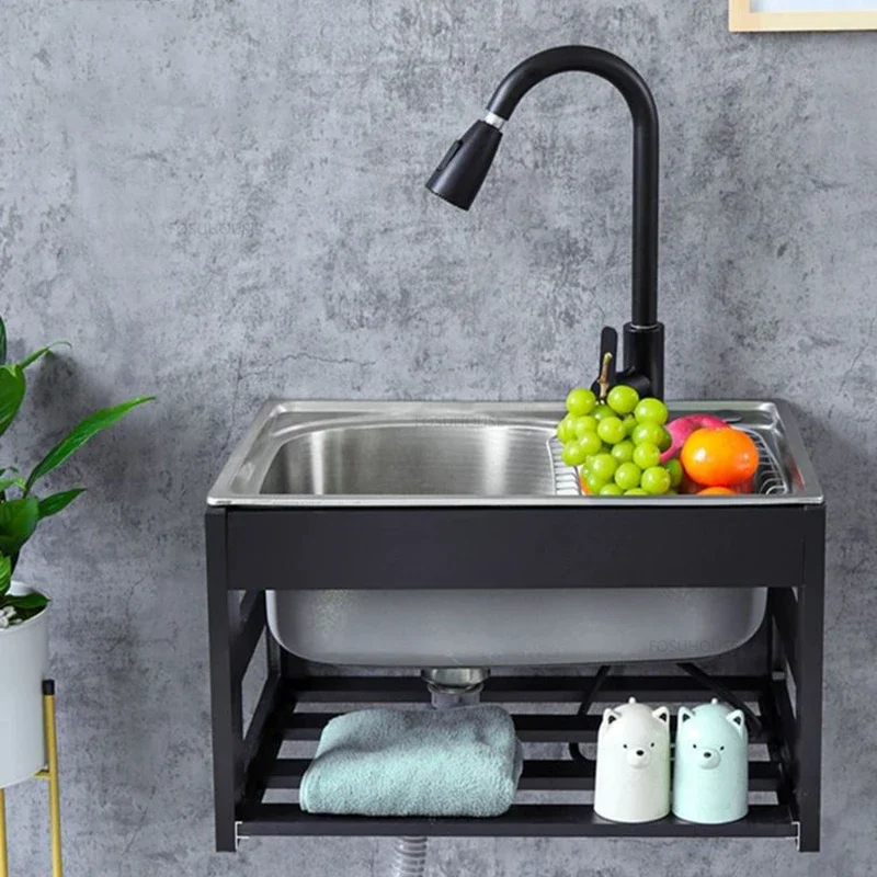 Stainless Steel Kitchen Sinks with Bracket for Home Balcony Wall-mounted Pool Washbasin Creative Kitchen Accessories Single Sink