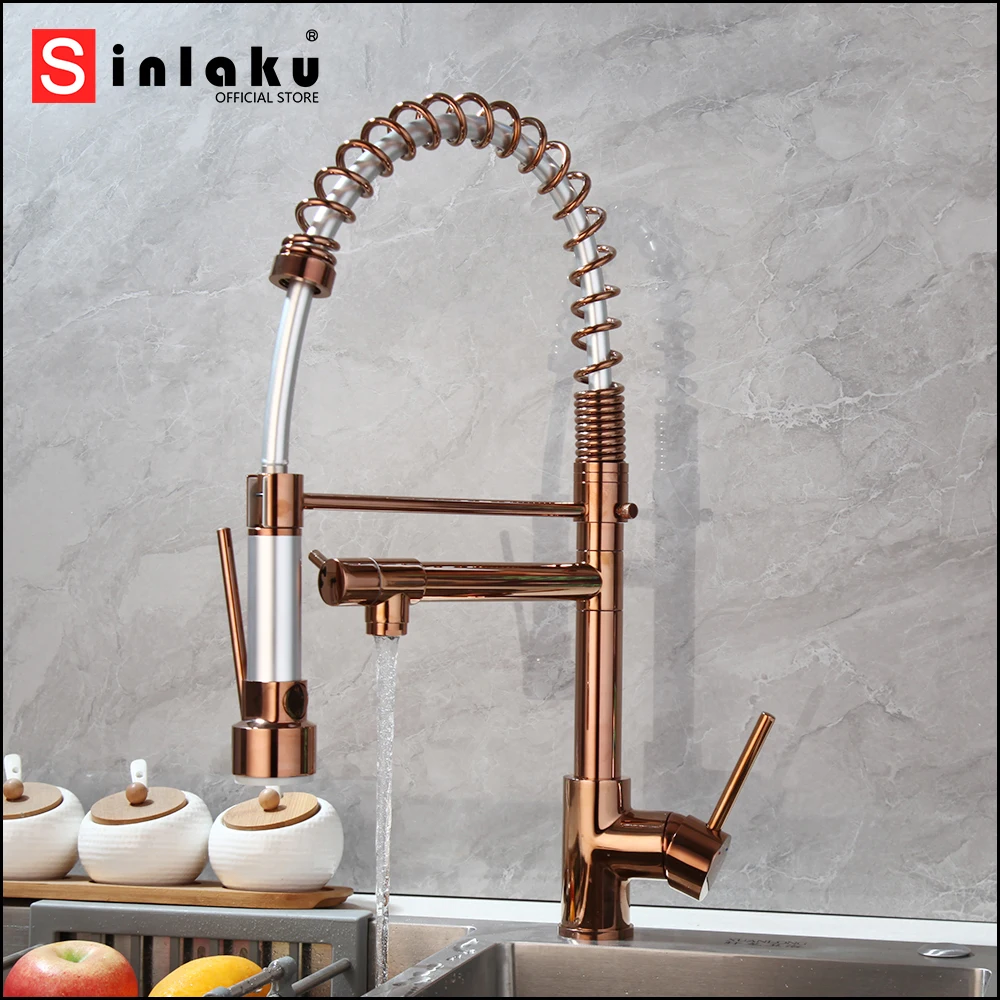 

SINLAKU Kitchen Sink Faucet Deck Mounted Dual Spout Rose Gold Rainfall Pull Out With 360°Swivel Stream Hot & Cold Water Mixer Ta