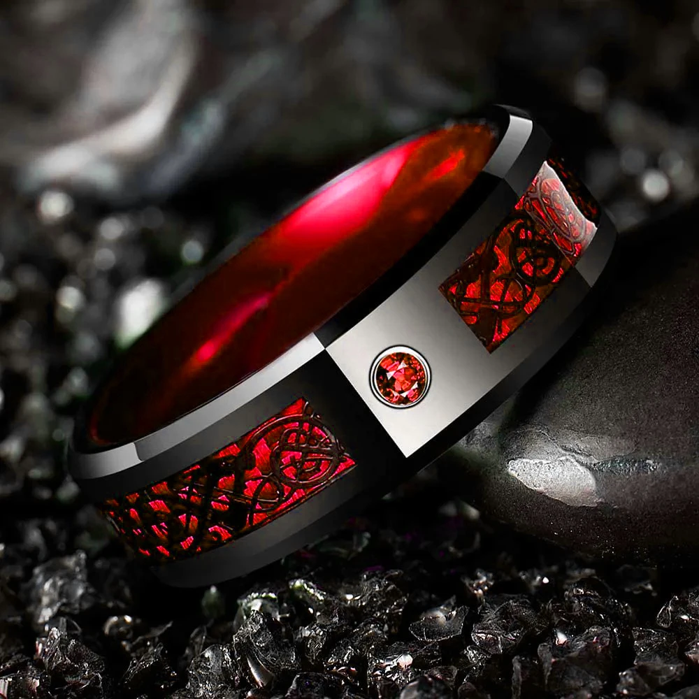 Mens Fashion Stainless Steel Celtic Dragon Rings With Red Blue Green Crystal CZ Carbon Fibre Rings For Men Wedding Band Jewelry