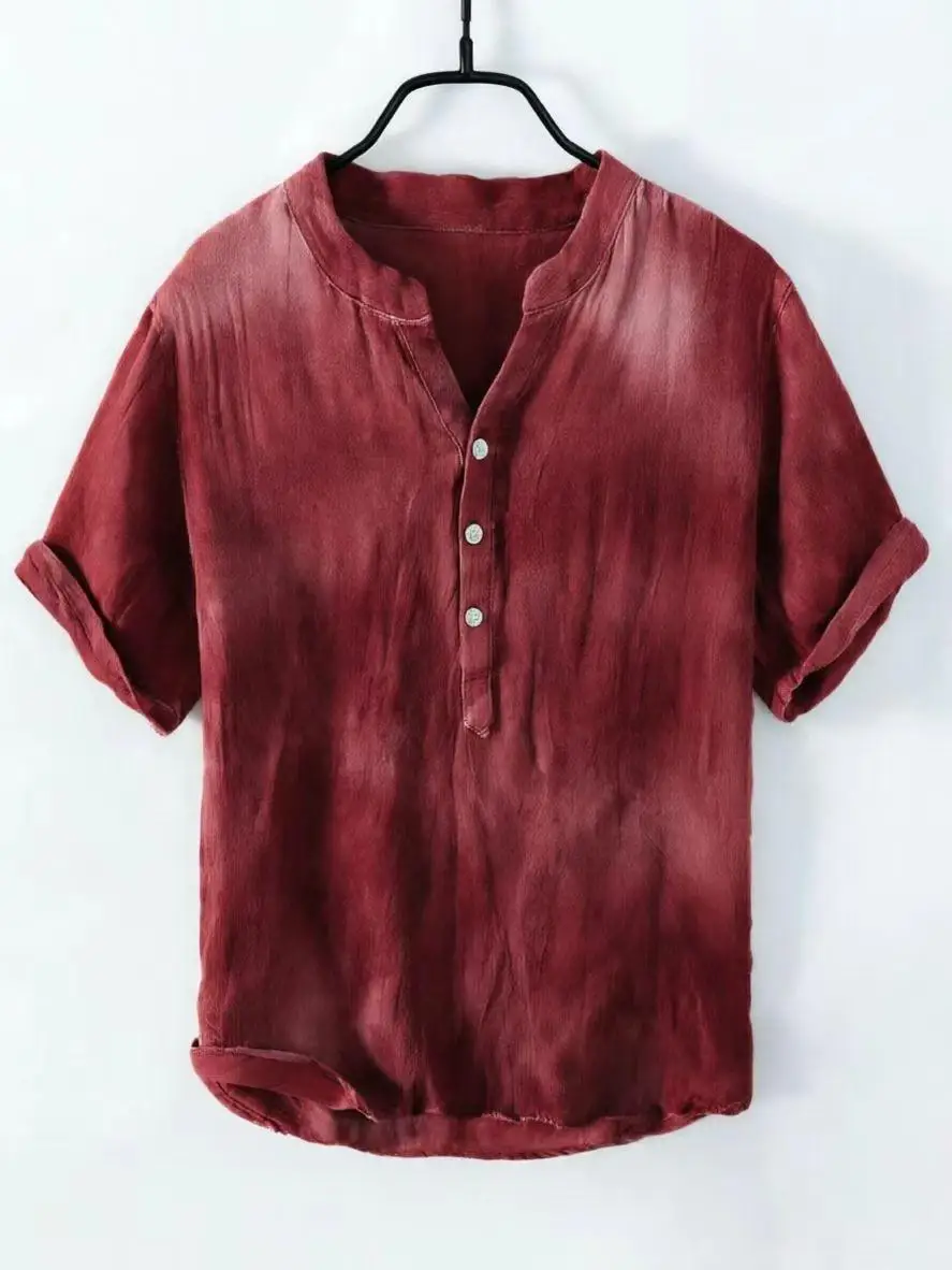 

Pure linen men's short sleeved summer Chinese style loose fit V-neck top retro casual half sleeved linen shirt