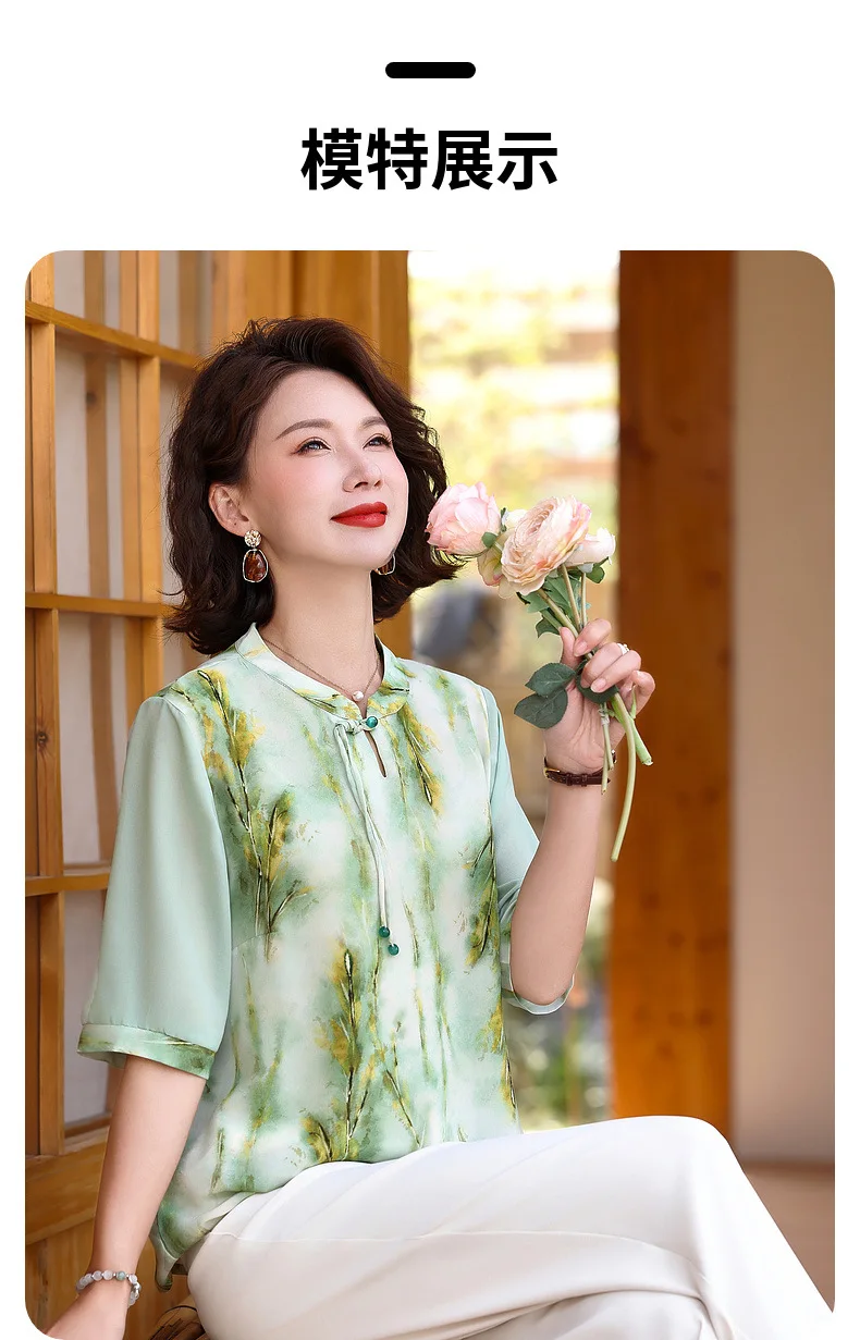 

women summer loose fit shirt flower printing shirt Chinese style Middle sleeve middlle sleeve shirt top