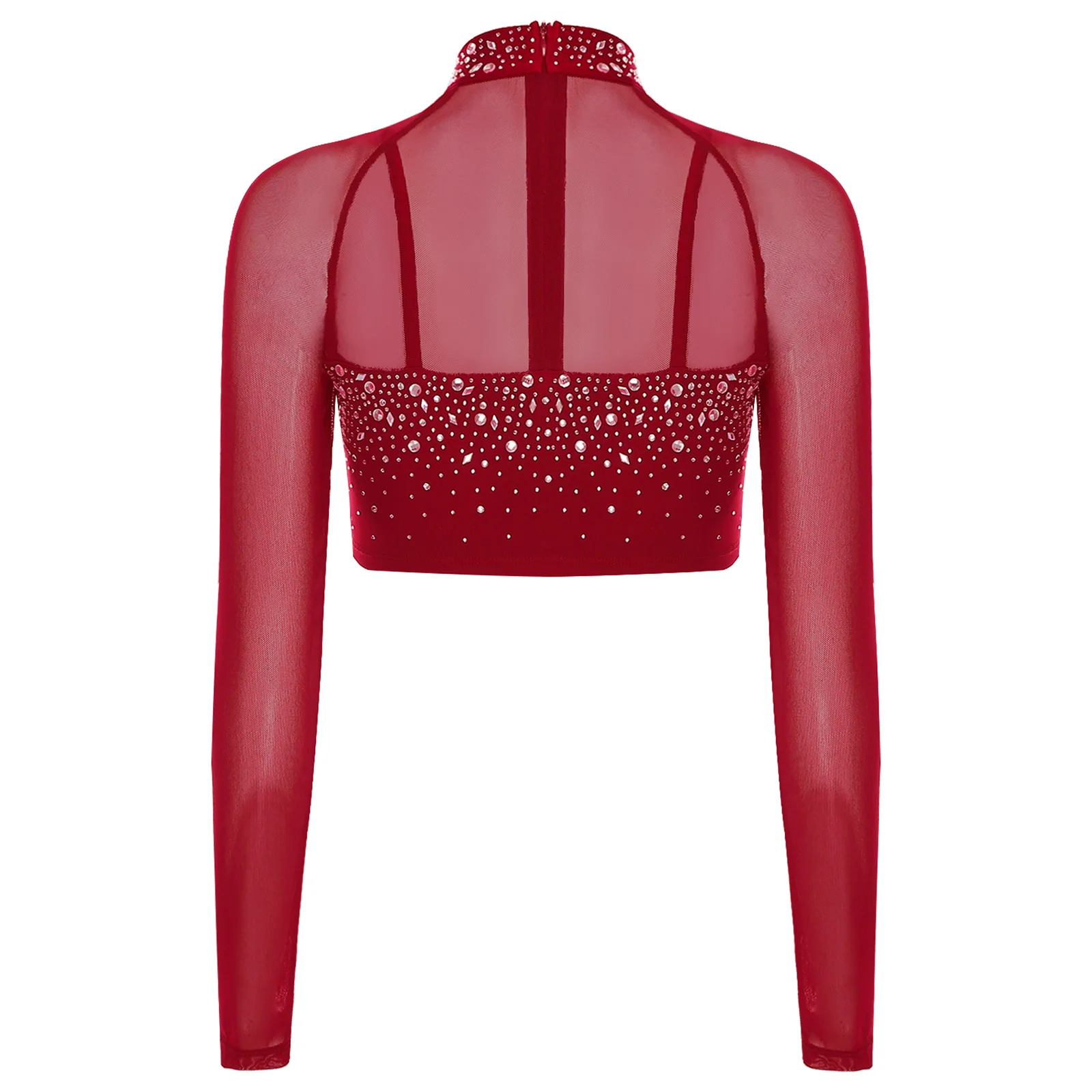 Top corto da danza moderna con strass scintillanti da donna Camicie Top a maniche lunghe patchwork in rete Abbigliamento da ballo per tango latino Rumba Dance