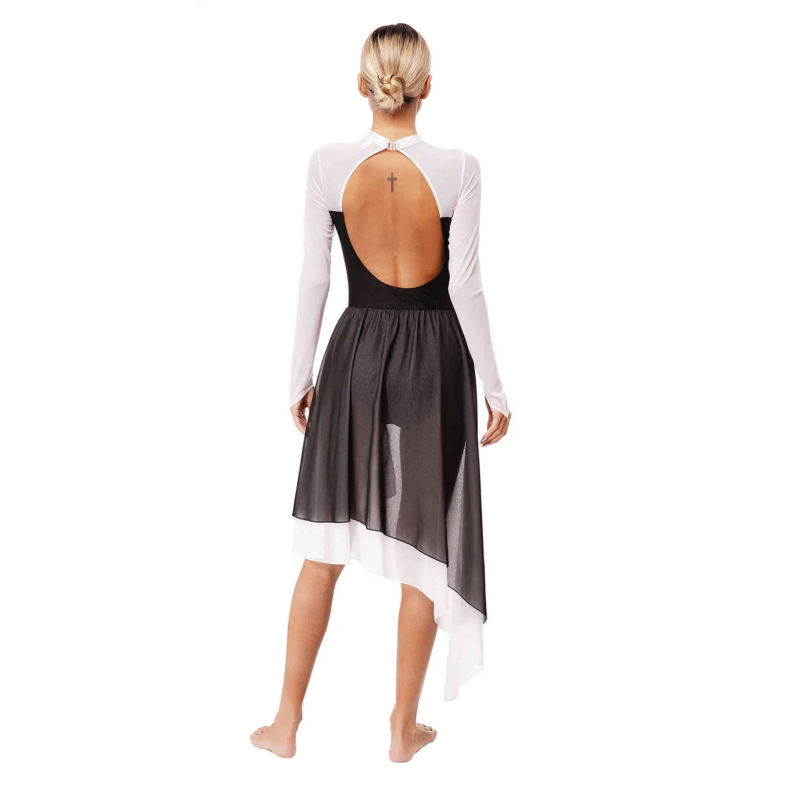 Abiti da ballo lirici da donna ritaglio Backless Sheer Mesh irregolare Trimed Open Front body Dress per la competizione sul palco