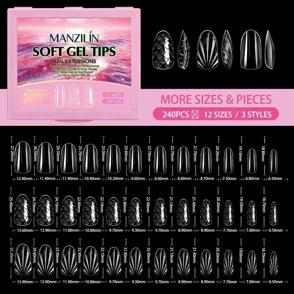 240pcs 3D Rhombus/Fish Scale Shape False Nail Tips Shell/Almond Shape Full Cover Press on Nails 12 Sizes Quick Extension