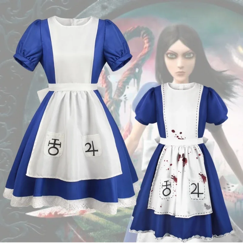 

Game Alice Madness Returns Cosplay Costume Halloween Maid Dresses Apron Dress and Socks Women Anime Girl Party Bloodstains Dress