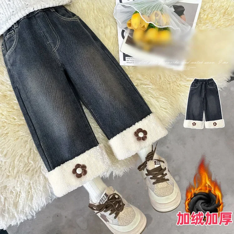 Winter Thick Velvet Untrimmed Flower Baby Girls Jeans Junior Kids Curled Wide Leg Pants Children Trousers