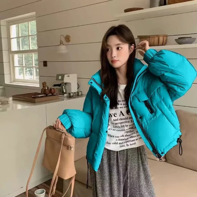 เสื้อแจ็คเก็ตผ้าฝ้ายพัฟฟ์ทรงสั้นสำหรับผู้หญิง สไตล์เกาหลี คอตั้ง เรียบง่าย หนาขึ้น ทรงเล็ก ดูดีมาก