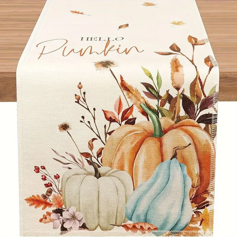 VIKAMA Fall Table Runner Hello Pumpkin Maple Leaf Print Linen Dresser Scarf For Dining Room Kitchen Thanksgiving Decor