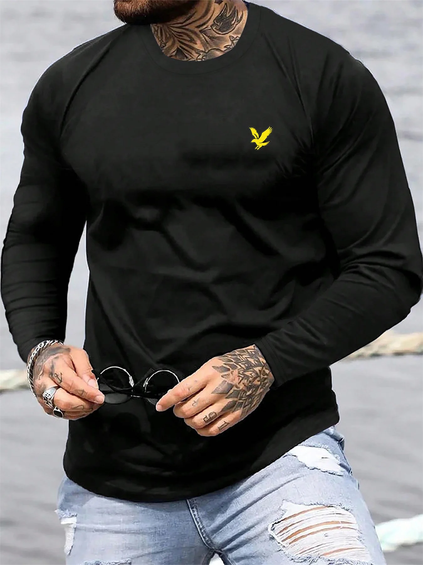 100% pure cotton men's long sleeved round neck loose gold eagle pattern printed spring and autumn casual versatile T-shirt top
