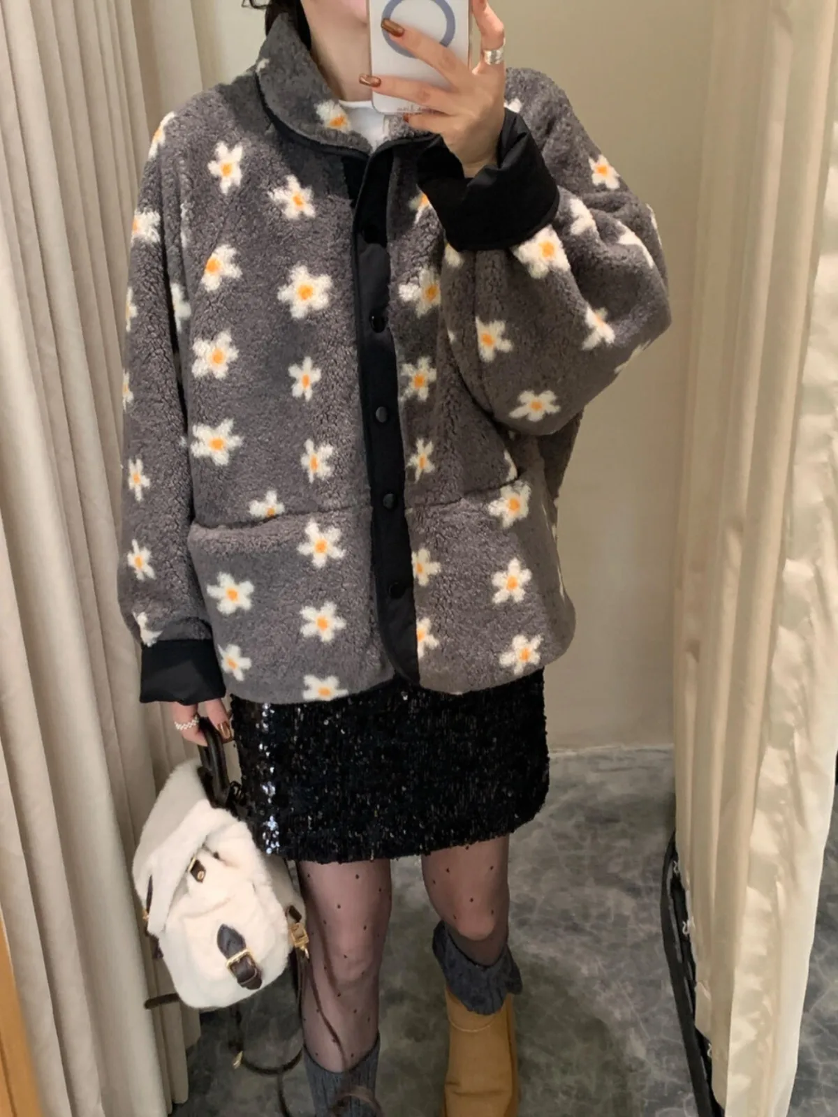 韓国 Sle 甘いかわいいラムファーコート女性の暖かさふわふわ花柄アウター春秋冬ファイオンストリートウェア