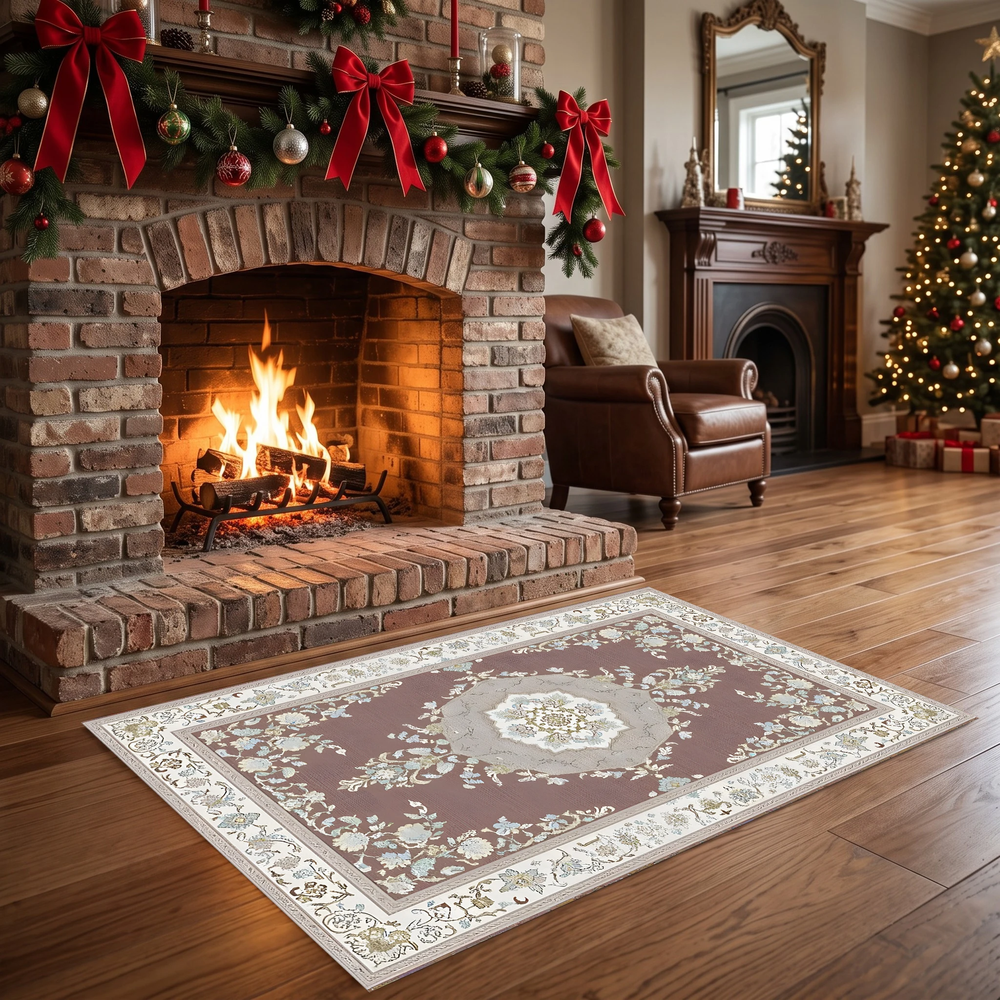 Wine-Red Background with Symmetrical Floral and Scroll Patterns, Retro European Style, Perfect for Living Room, Bedroom, Coffee Table, Bedside, Autumn/Winter, Christmas, and Other Festive Warm and Cozy Soft Furnishings, Velvet Rug