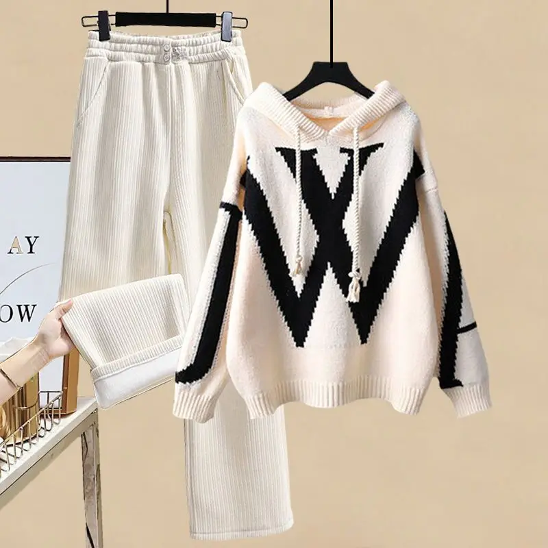 Autumn and winter new women\'s set fashionable hooded knitted sweater+casual wide leg pants two-piece set trendy