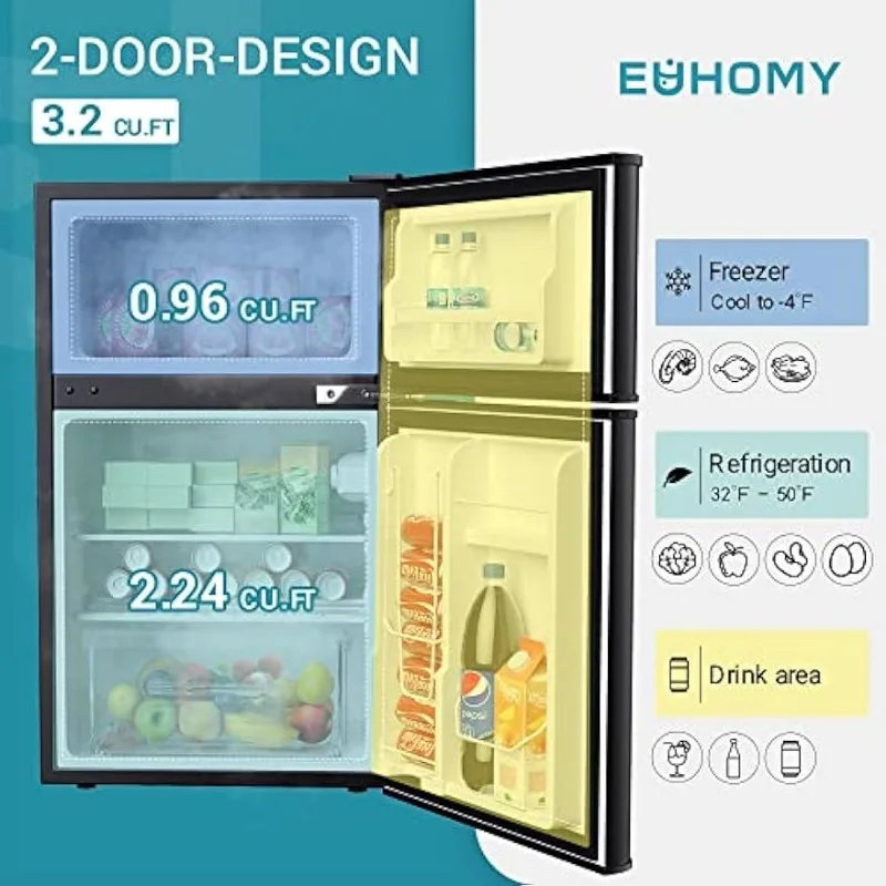 冷凍庫付きコンパクト冷蔵庫,2ドア,垂直,ベッドルーム,3.2 cu