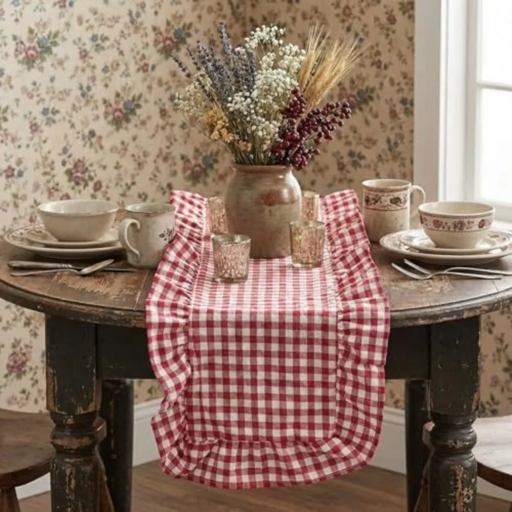 Washed Cotton Table Runner Ruffle Edge Soft Runner Washed Cotton Ruffle Gingham Check French Vintage Table Scarf