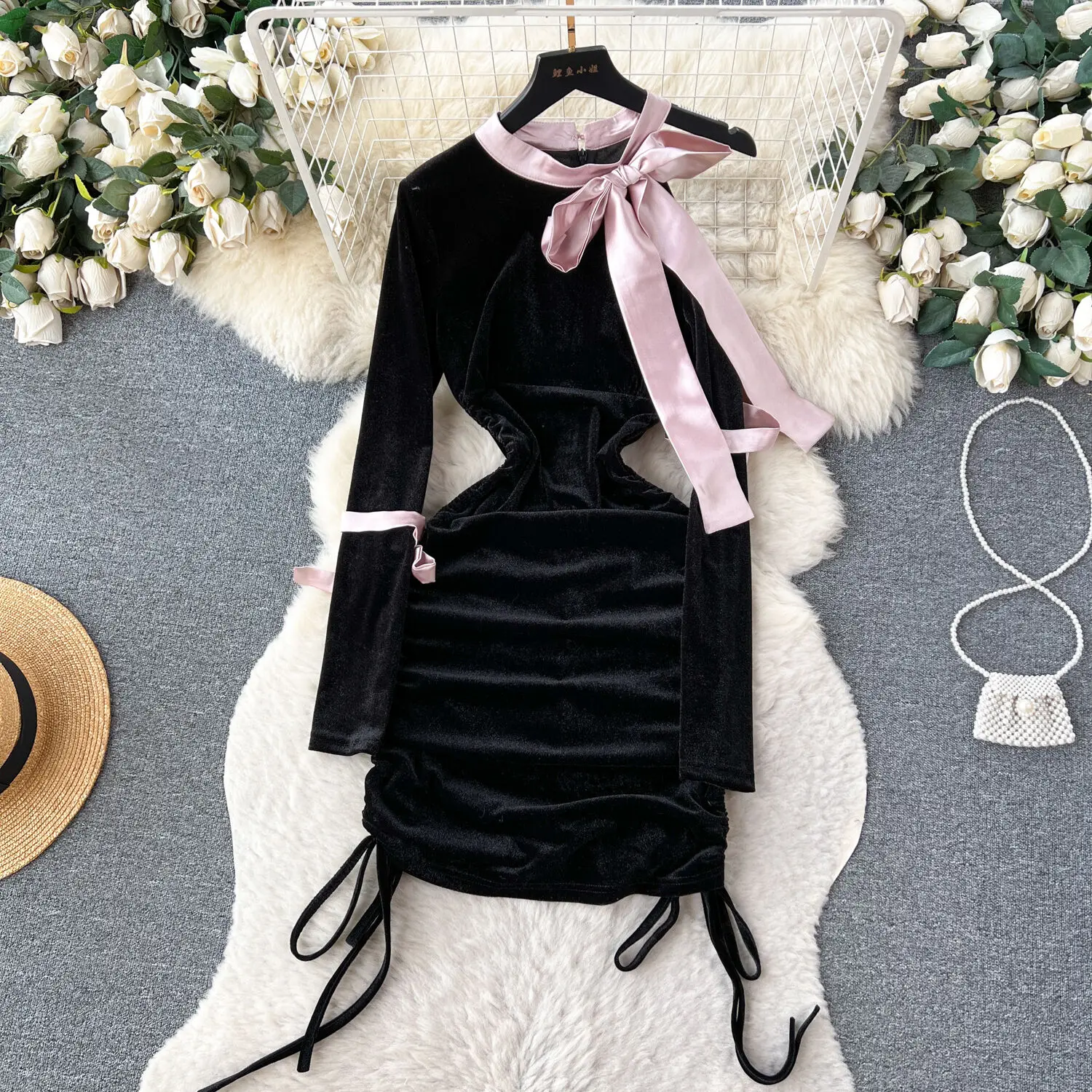 Foamlina Retro Velvet Dress Women Sexy Bow-tied O Neck Off Shoulder Long Sleeve Slim Drawstring Ruched Bodycon Mini Party Dress