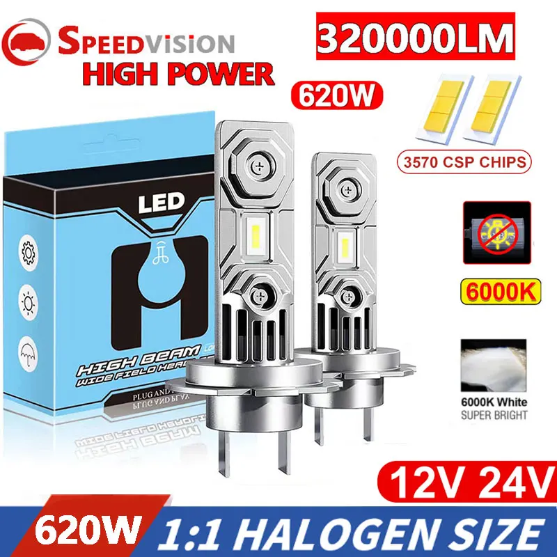 

H7 LED Canbus No Error 3750 CSP Car Headlight Bulb 620W 320000LM High Low Beam 1:1 Halogen Size Plug and Play Mini Diode 12V 24V