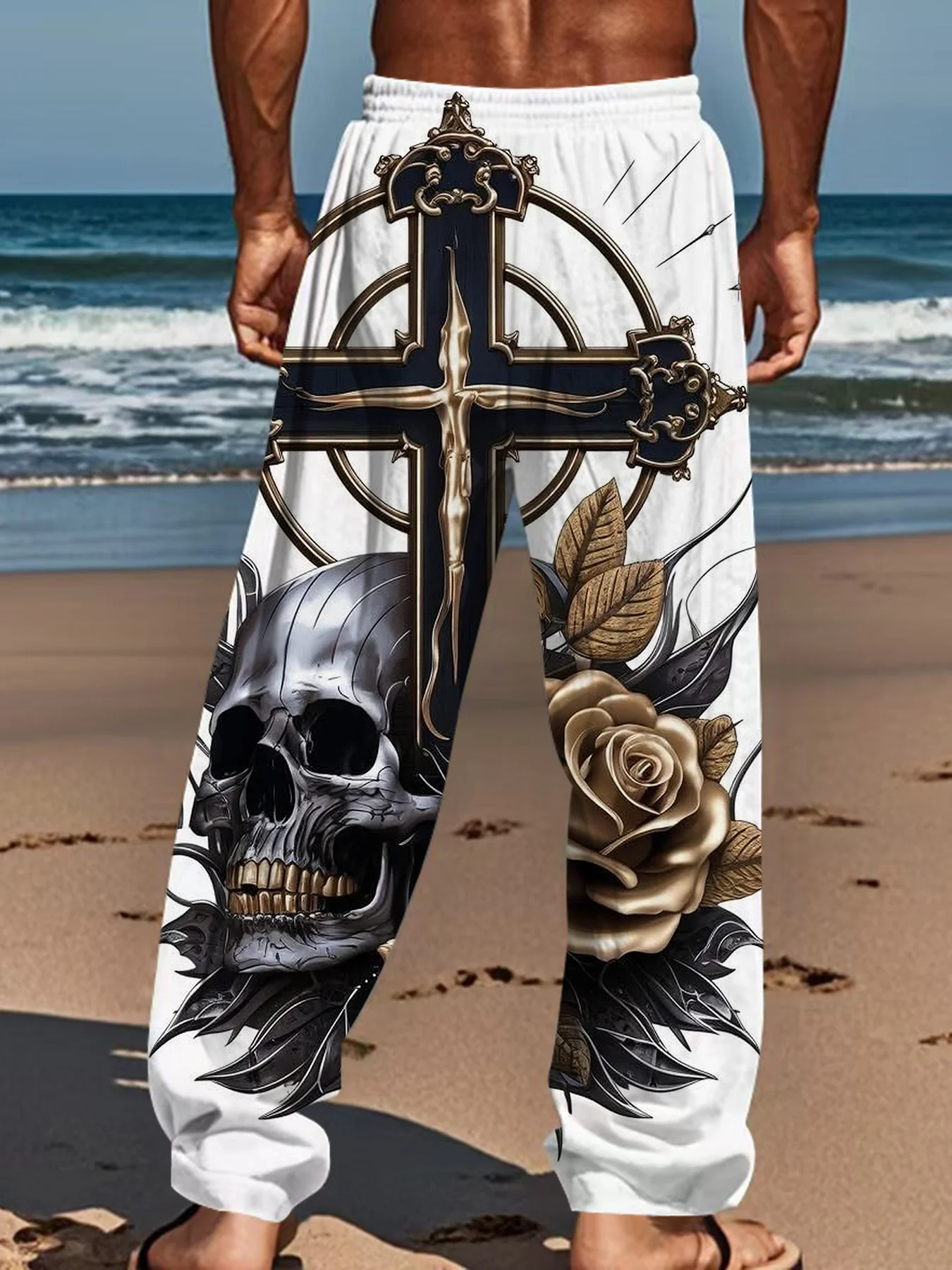 Unisex Straight-Leg Jogginghose mit Gothic-Kreuz-Tribal-Print, Y2K Punk Hip Hop Streetwear, Alltags-Outdoor-Modehose – Detail 15