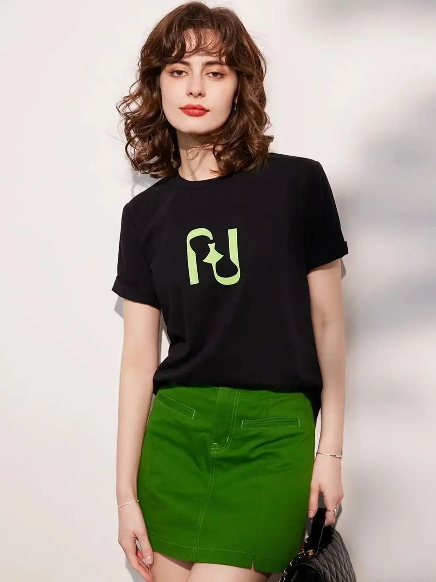 LOUIS YAO Women Tee 2024 Summer Short Sleeve Casual 100% Cotton T-shirt Round Neck Print Loose Fashion Basic Green Black Tee Top