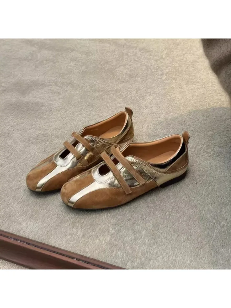レトロスプライスカラーファッションカジュアルシューズ-dexun-女性のマジックテープフラットソフトボトム快適なバレエメリージェーンシューズ