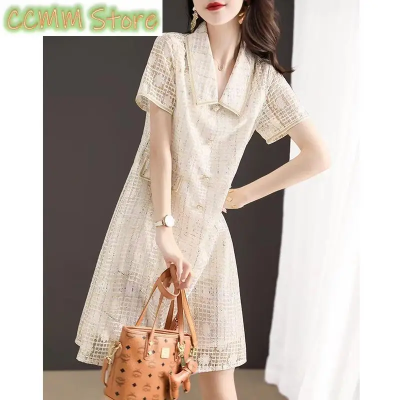 

Elegant Lapel Spliced Loose Lace Hollow Out Mini Dress Women's Clothing Summer New Short Sleeve Office Lady Princess Dress