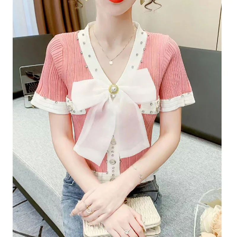 Summer New V Neck Bow Patchwork Knitting T Shirt Tops Short Sleeve Solid Slim Korean Cardigan Fashion Y2K Vintage Odzież Damska