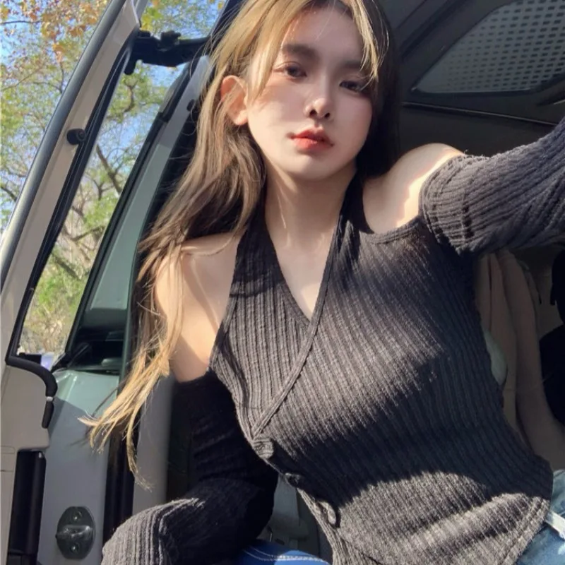 Halter Pullovers Women Cropped Sexy Casual Cozy Off-shoulder Sweet Hollow Out Harajuku Knitwear Stylish Hotsweet Korean Style