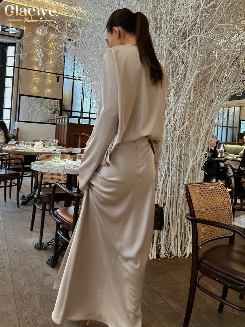 Clacive Casual Khaki Satin 2 Piece Sets Women Outfit 2024 Fashion Long Sleeve Shirt With High Waist Long Skirts Set Streetwear