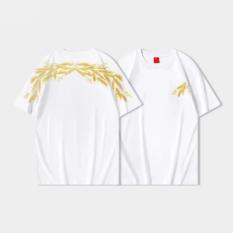 Lyprerazy Chinese Style Wheat Embroidery Men Short Sleeve T-shirt National Tide Loose Cotton Tees Tops