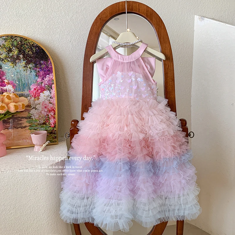 

New Gradient Rainbow Big Bow Birthday Dress for Girls Mesh Puffy Princess