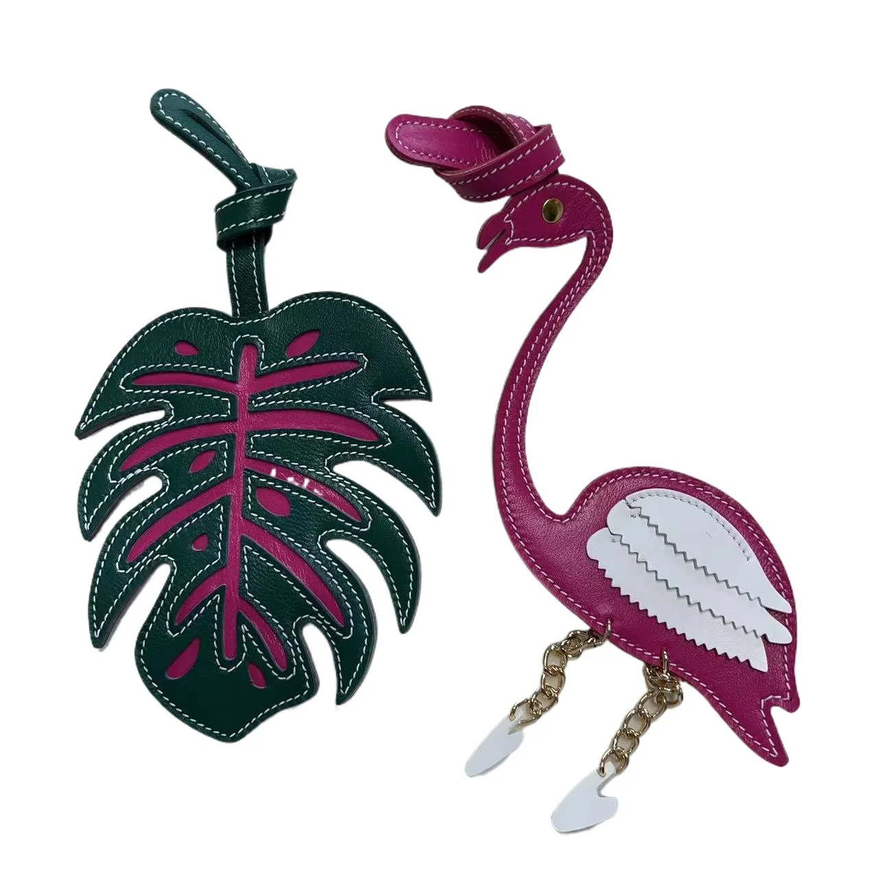 Genuine leather small flame bird leaf keychain creative handmade retro design unique niche bag pendant Shaped pendant trinkets