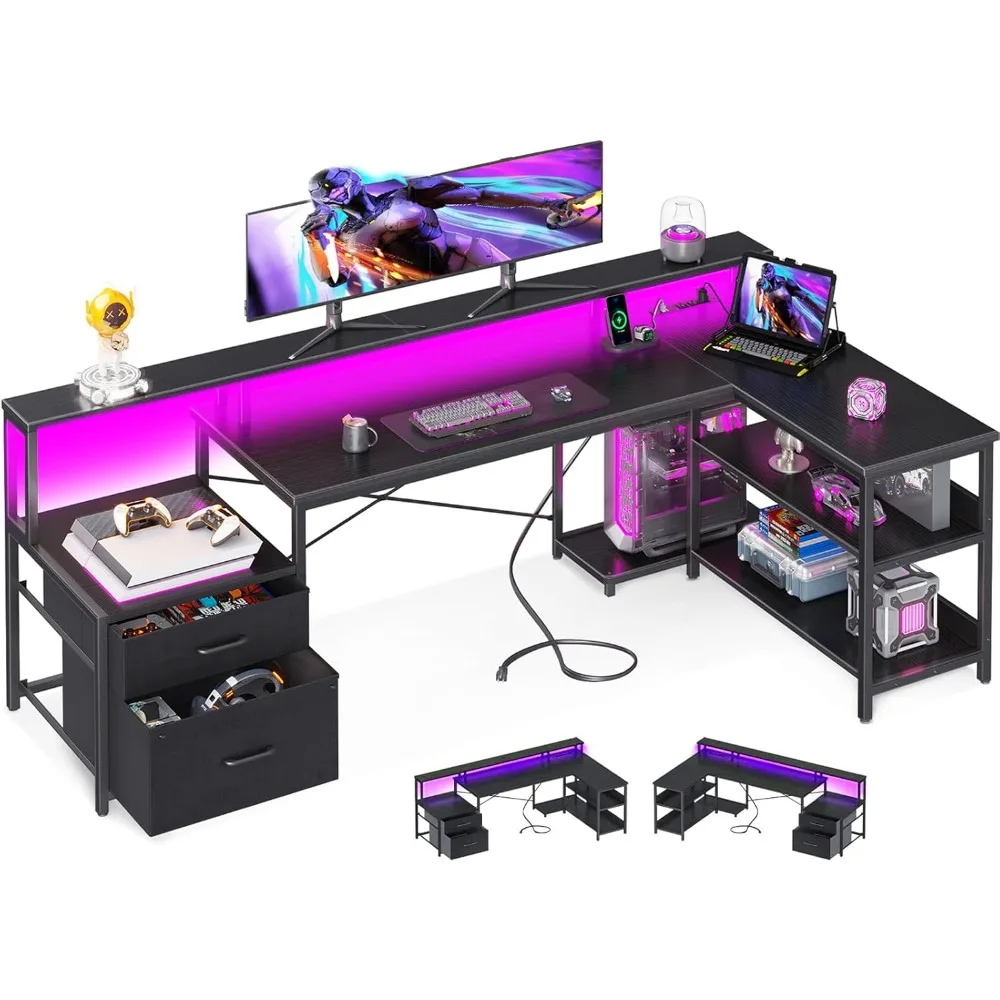 

L Shaped Desk with File Drawer, Reversible L Shaped Computer Desk with Power Outlet & LED Strip,Office Desk with Storage Shelves